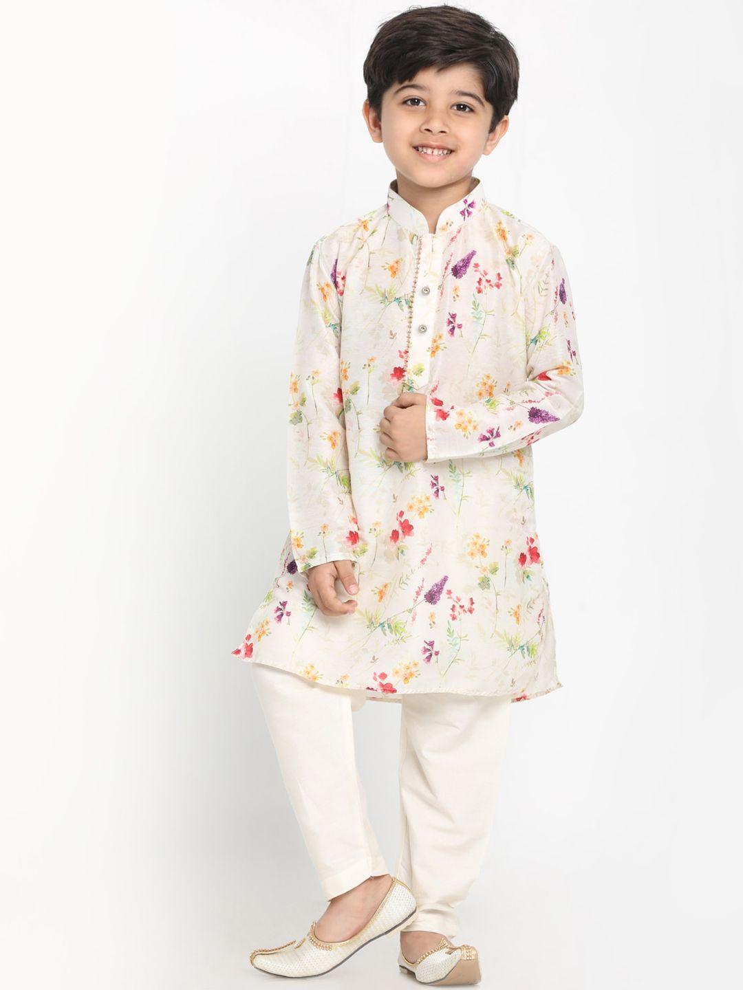 jbn creation boys cream-coloured floral digital printed regular kurta with pyjamas
