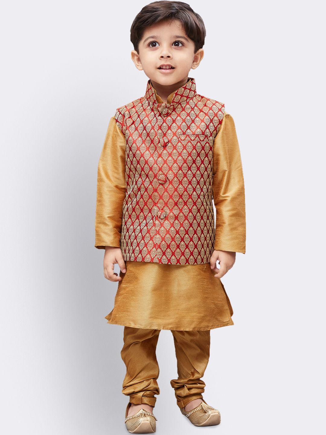 jbn creation boys gold-toned & red solid kurta with churidar & nehru jacket