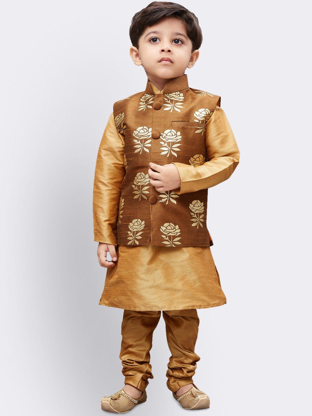 jbn creation boys gold-toned regular kurta set with nehru jacket