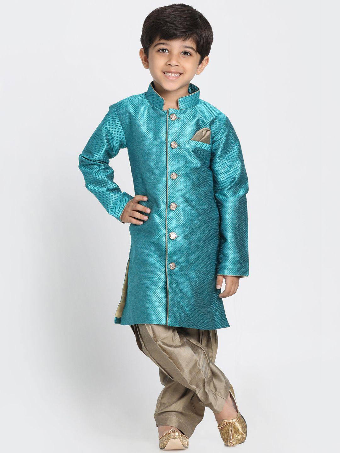 jbn creation boys green & camel brown woven design silk sherwani set