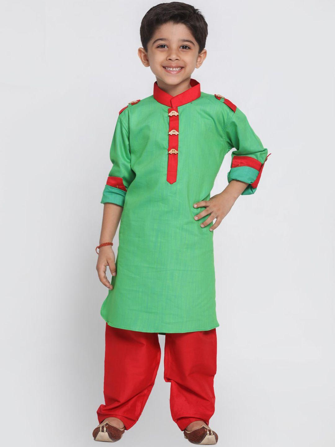 jbn creation boys green colourblocked pure cotton kurta with dhoti pants