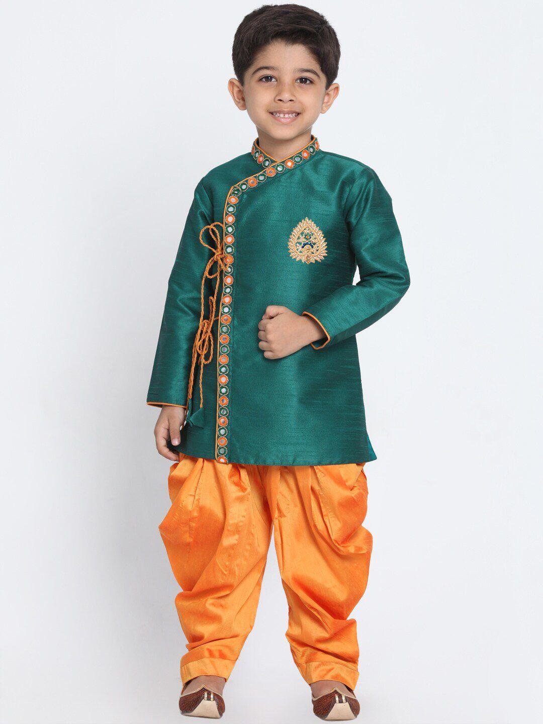 jbn creation boys green ethnic motifs embroidered angrakha kurta with dhoti pants