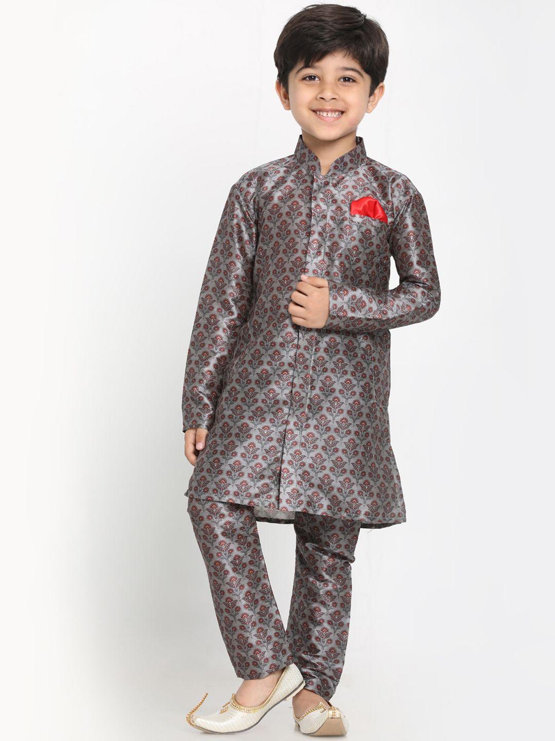 jbn creation boys grey & maroon printed kurta with pyjamas