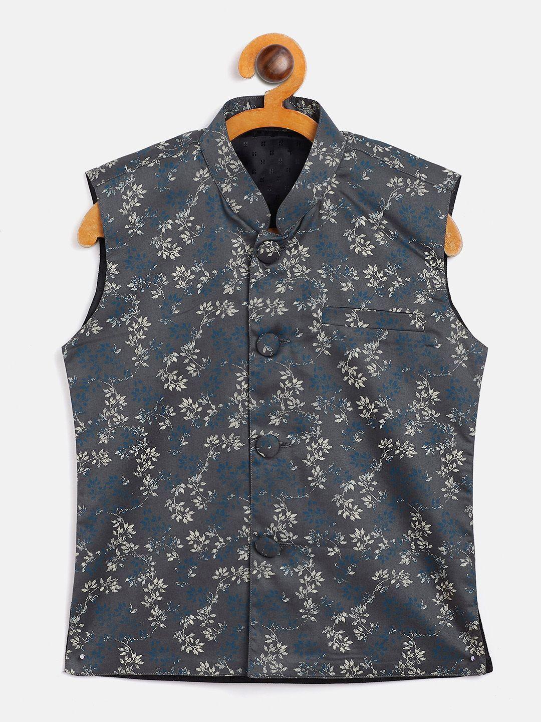 jbn creation boys grey & white printed woven nehru jacket