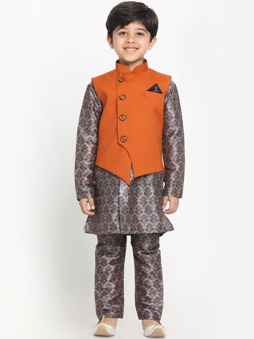 jbn creation boys grey printed kurta with trousers & with nehru jacket