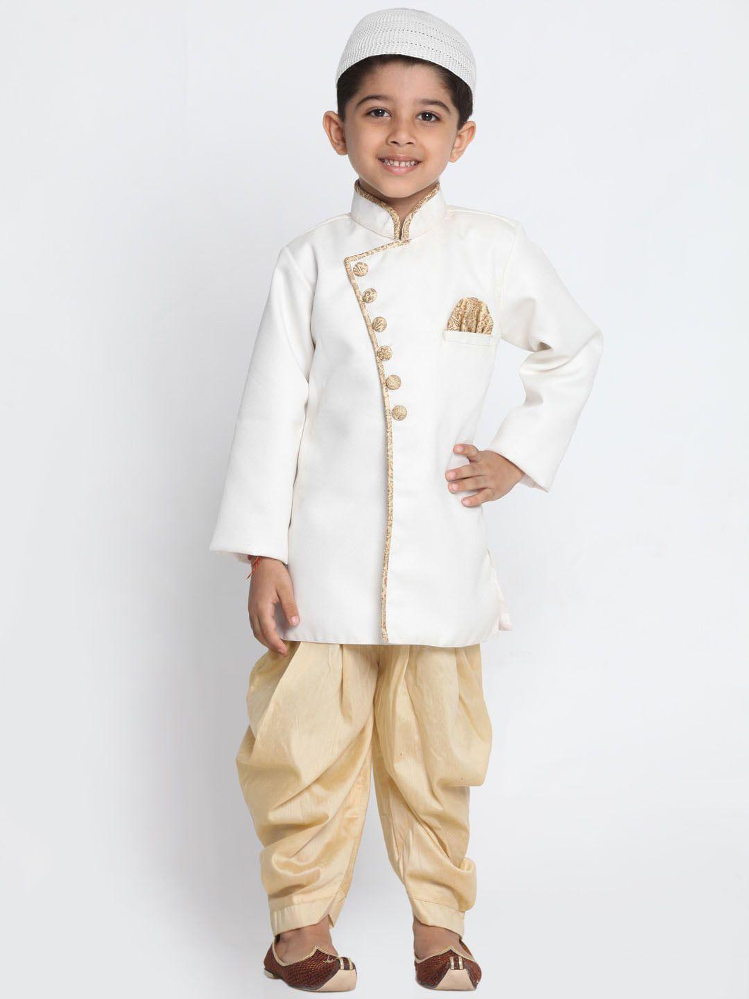 jbn creation boys mandarin collar jute sherwani & dhoti pant with cap