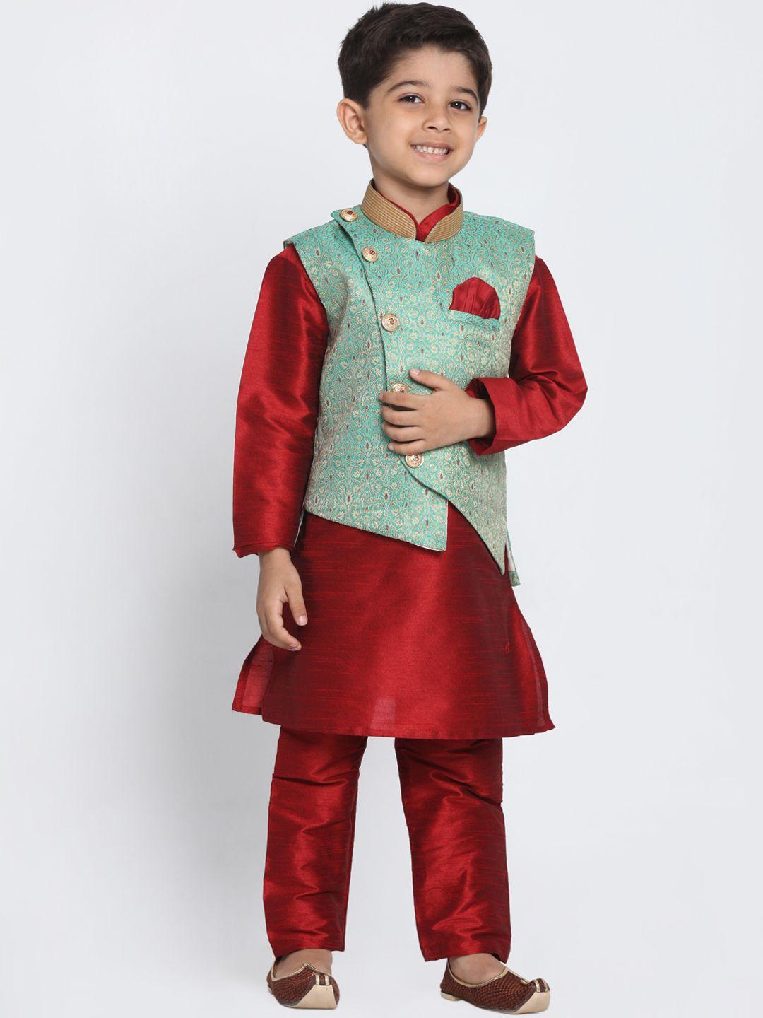 jbn creation boys maroon & green self design kurta with churidar & nehru jacket