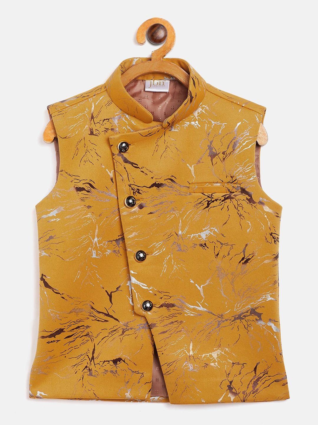 jbn creation boys mustard yellow & copper-coloured foil printed woven slim-fit nehru jacket