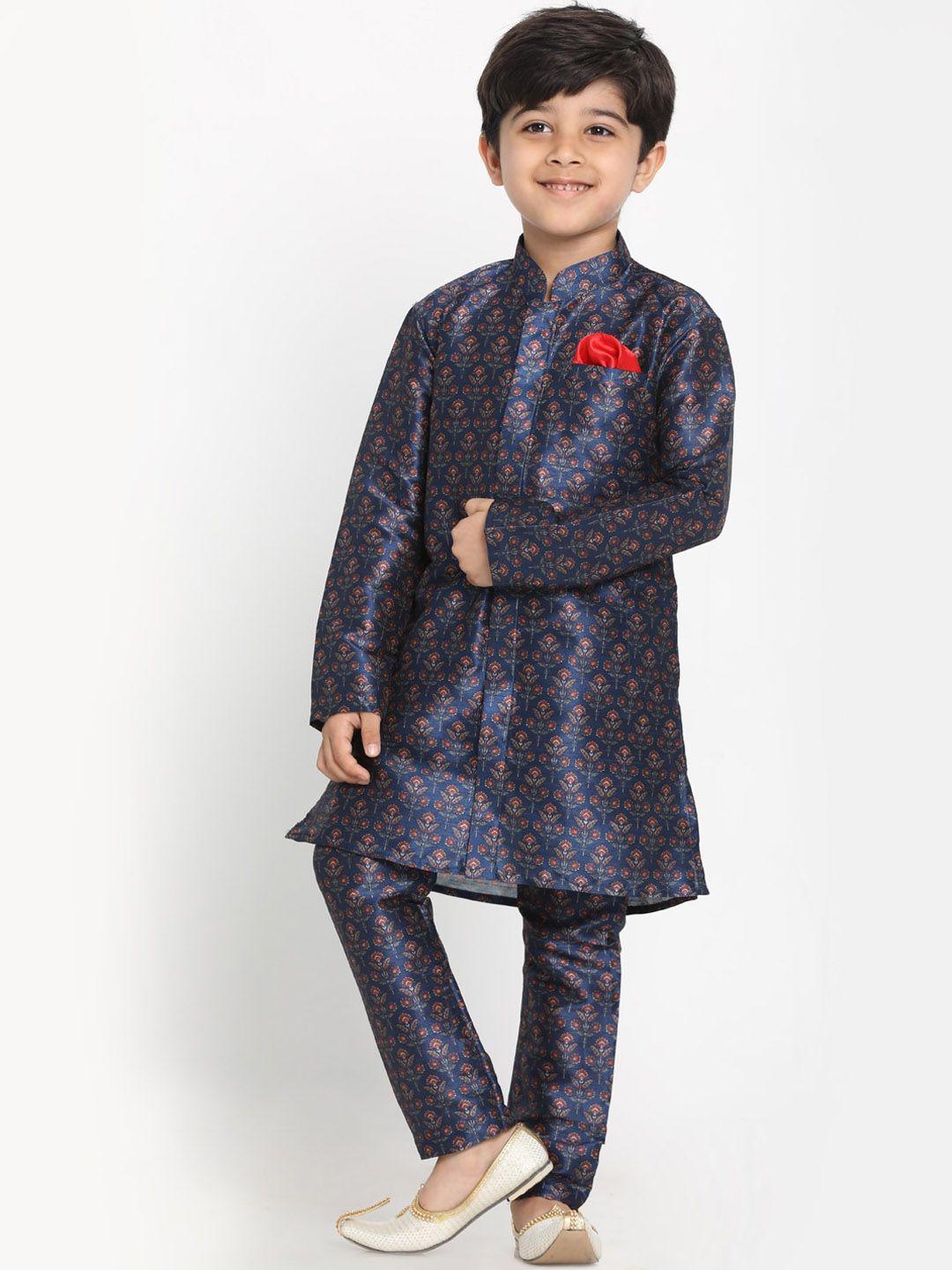 jbn creation boys navy blue ethnic motifs printed empire kurta with pyjama