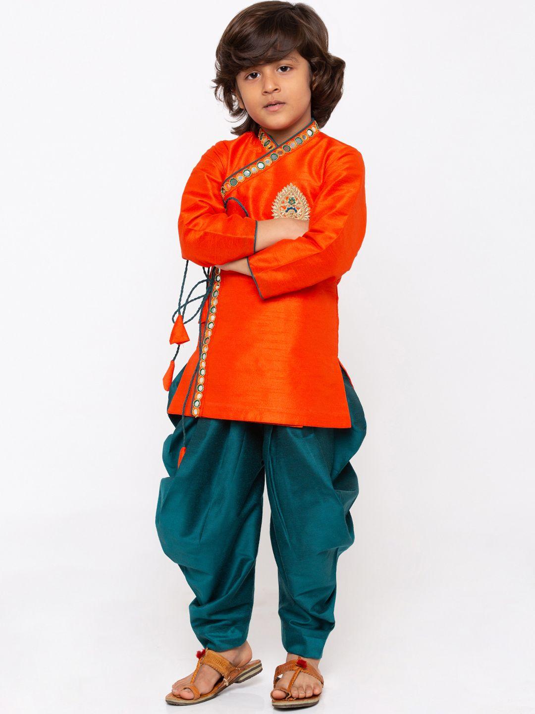 jbn creation boys orange & green embroidered kurta with dhoti pants