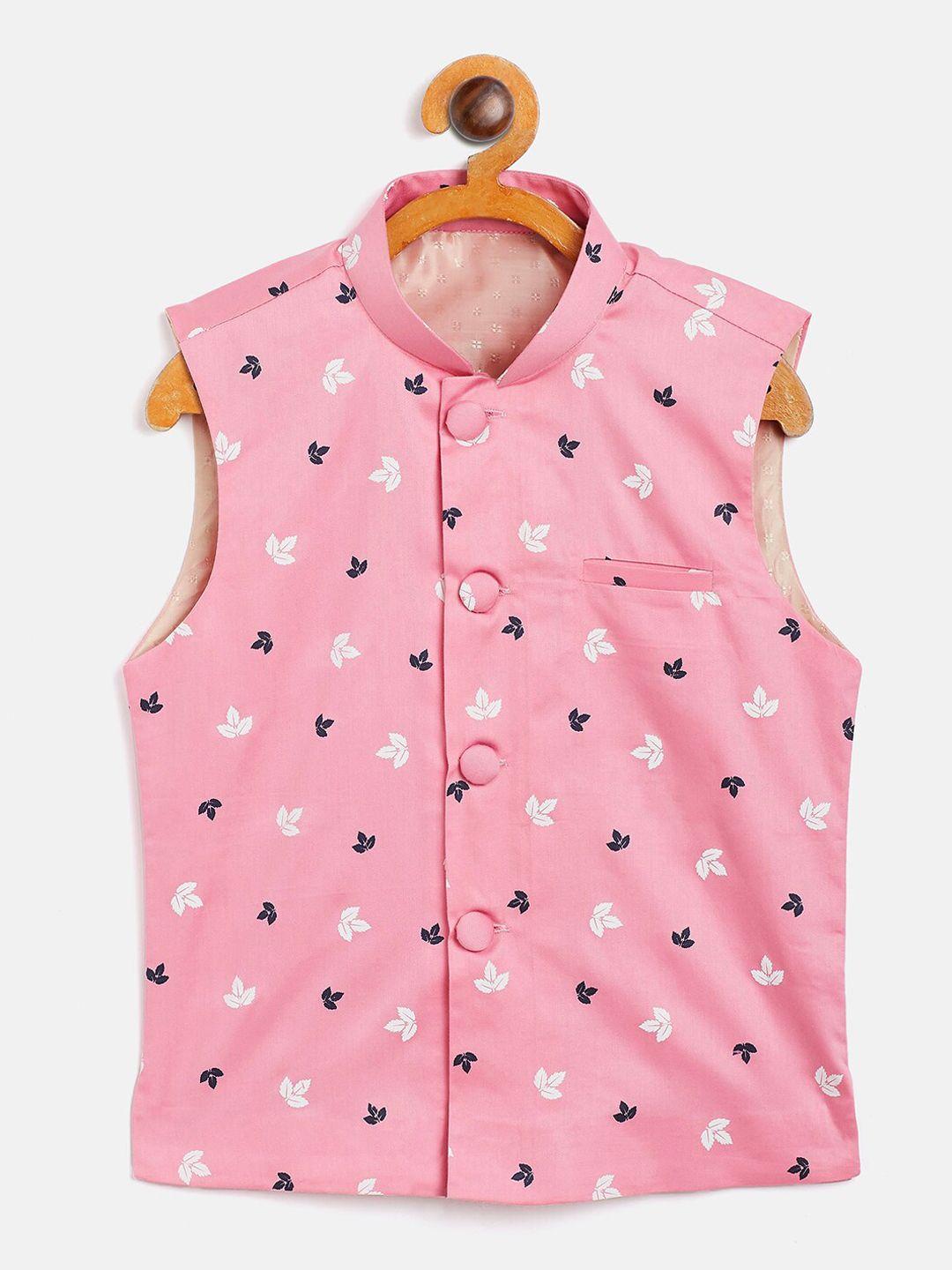 jbn creation boys pink & white printed slim fit nehru jacket
