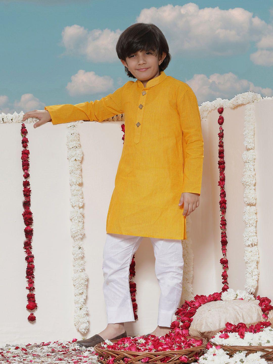 jbn creation boys yellow & white solid kurta with churidar