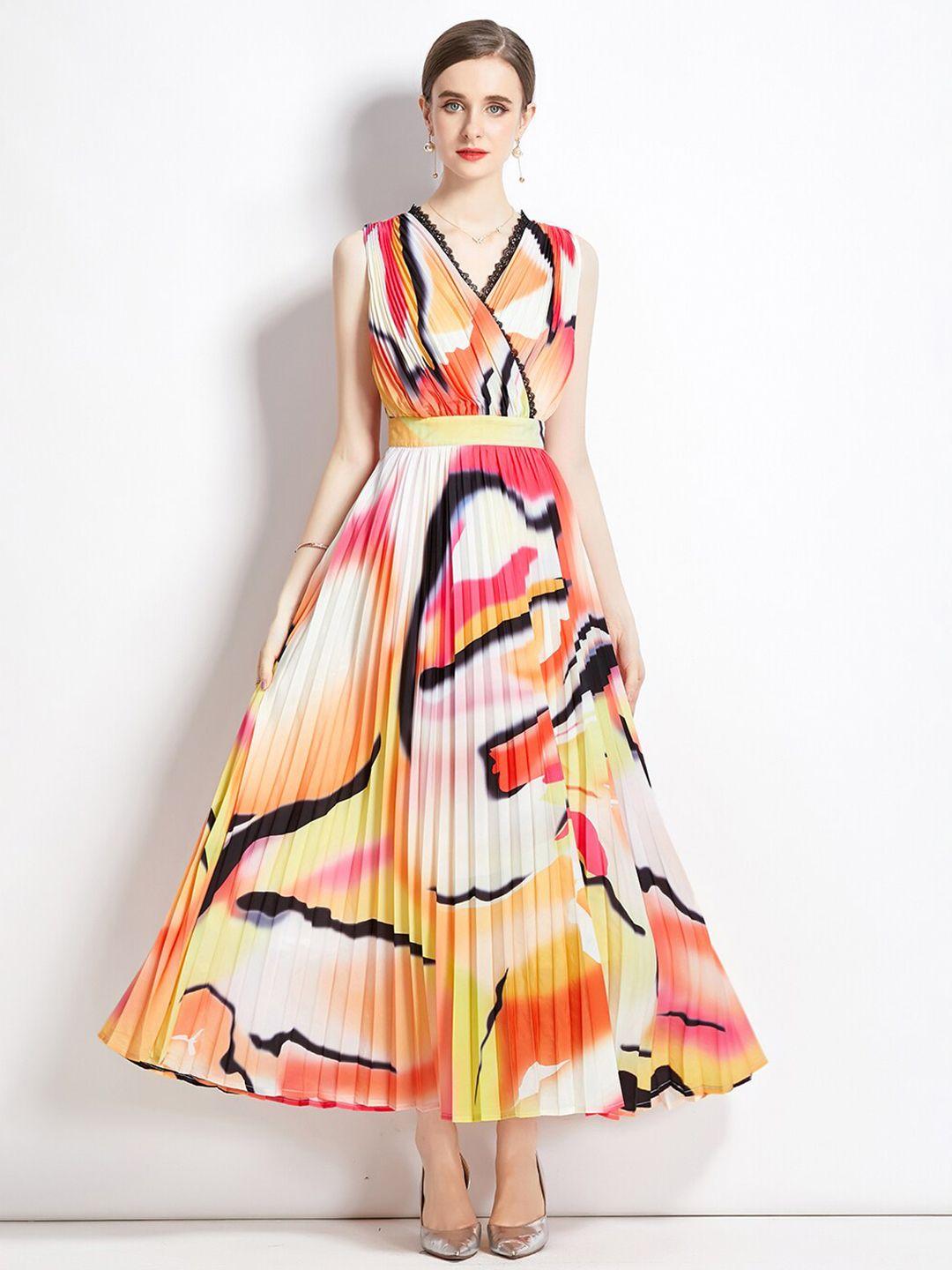 jc collection abstract printed v-neck accordion pleated fit & flare dress