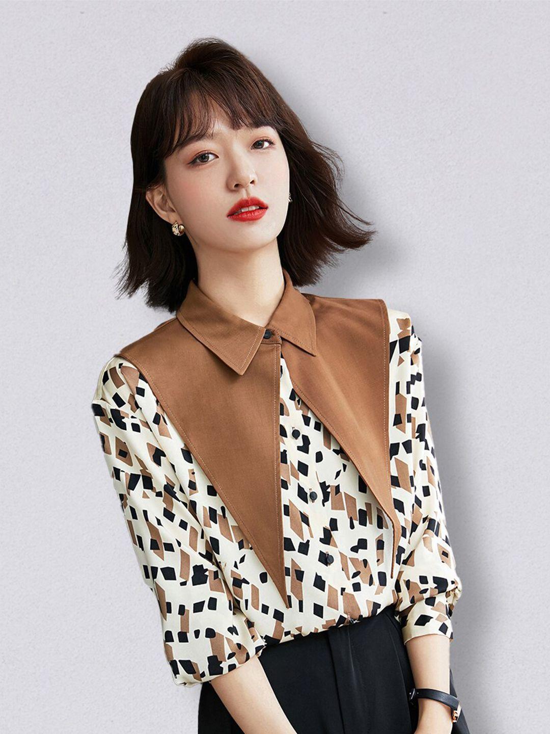 jc collection brown & beige animal print shirt style polyester top