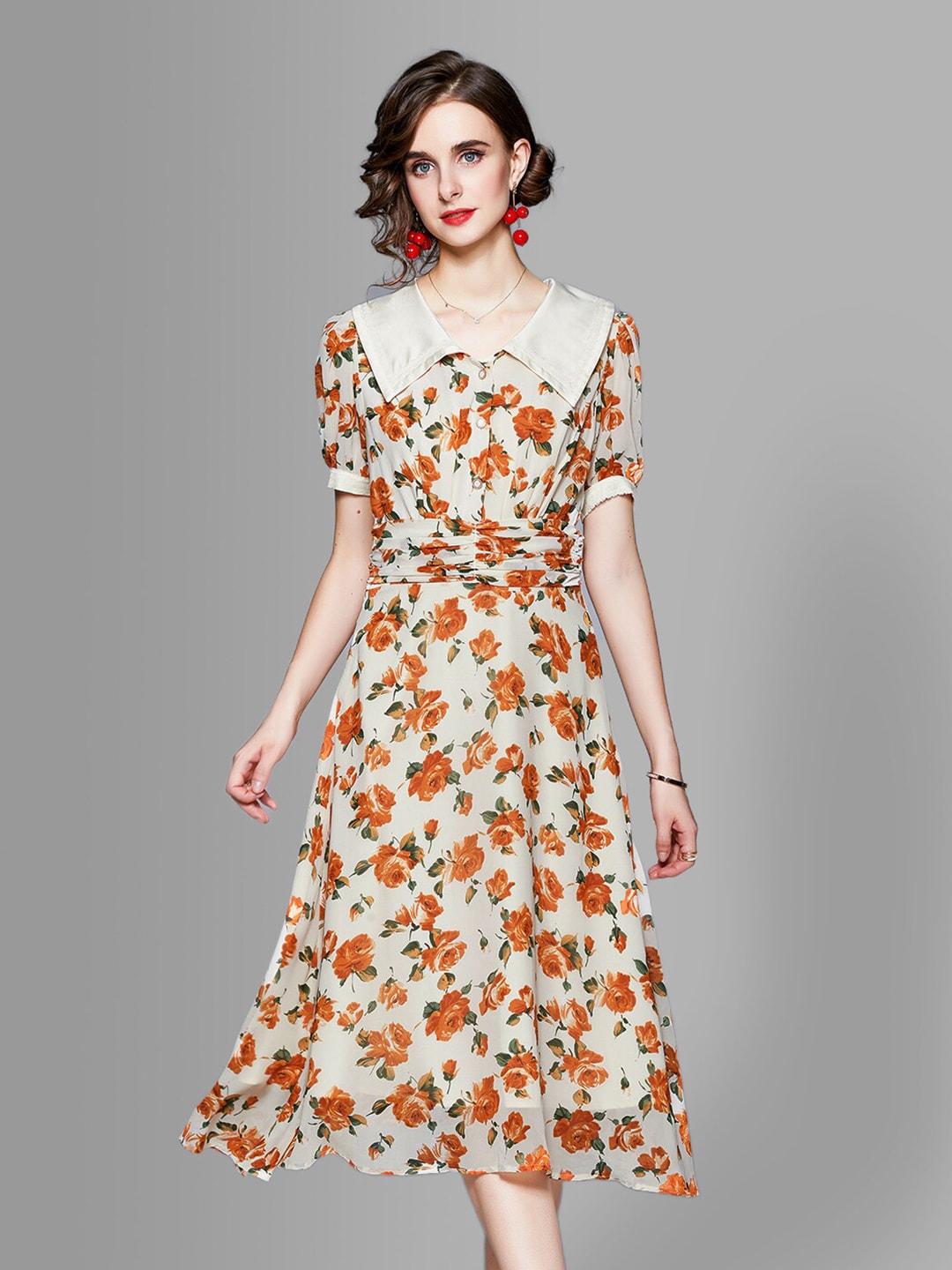 jc collection cream-coloured & orange floral midi dress