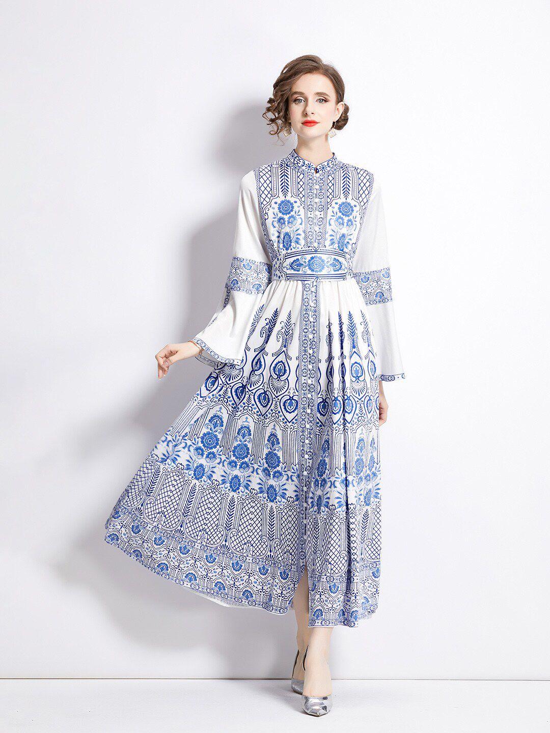 jc collection ethnic motif printed bell sleeves midi fit and flare dress