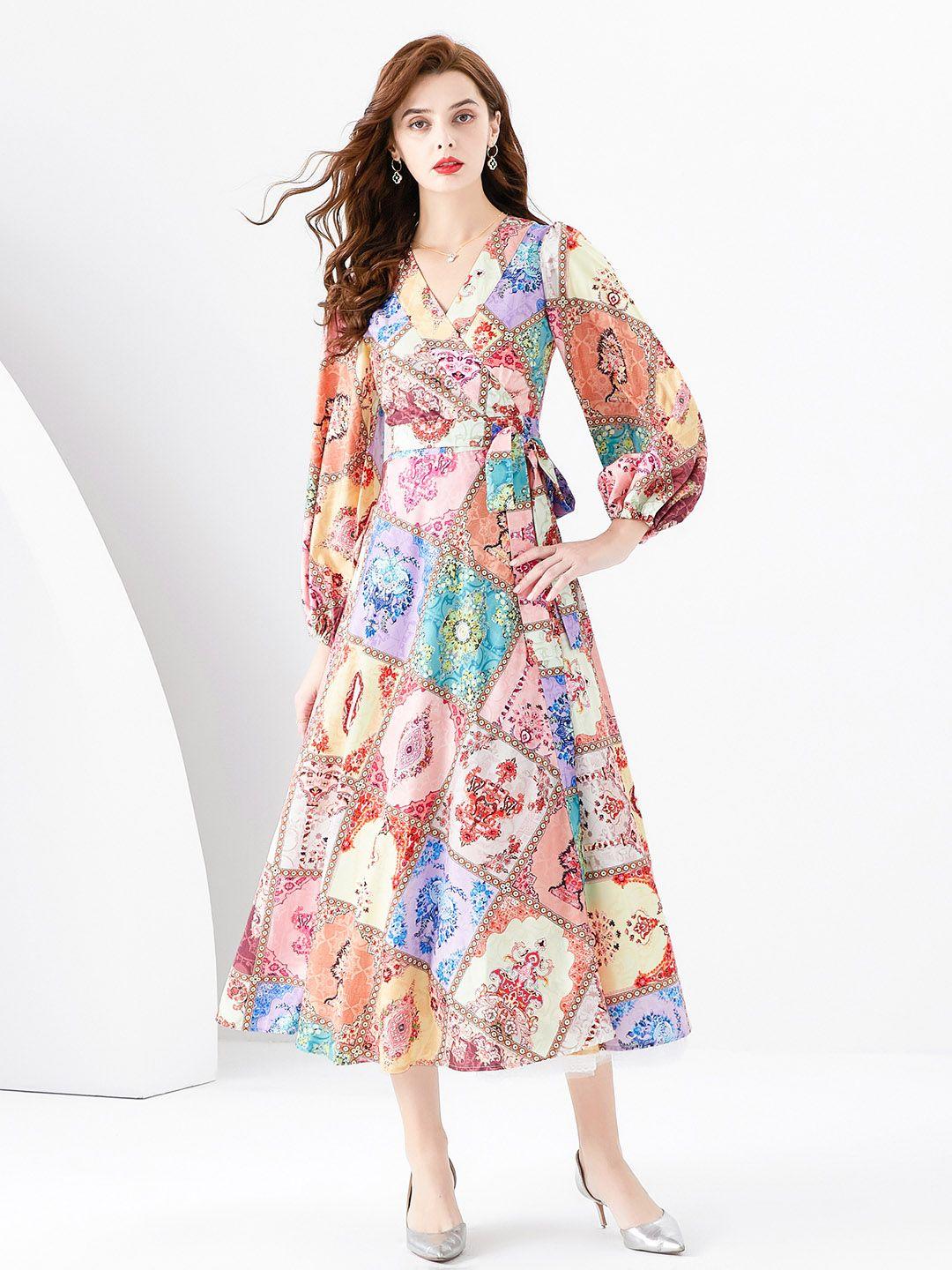 jc collection ethnic motifs printed puff sleeve midi wrap dress