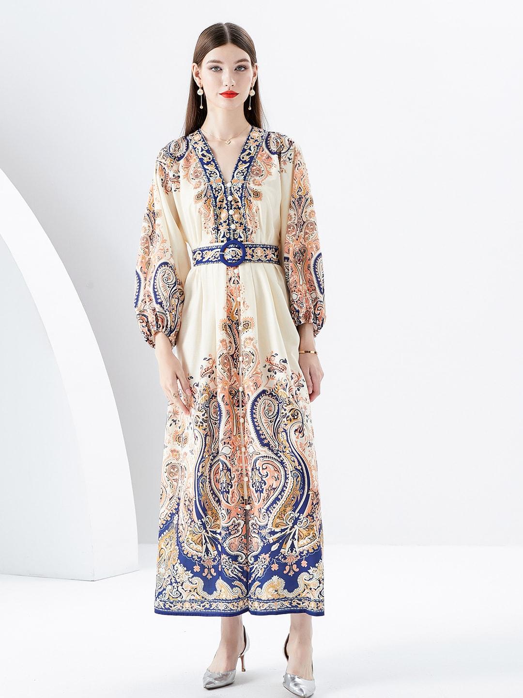 jc collection ethnic motifs printed v-neck puff sleeve maxi dress