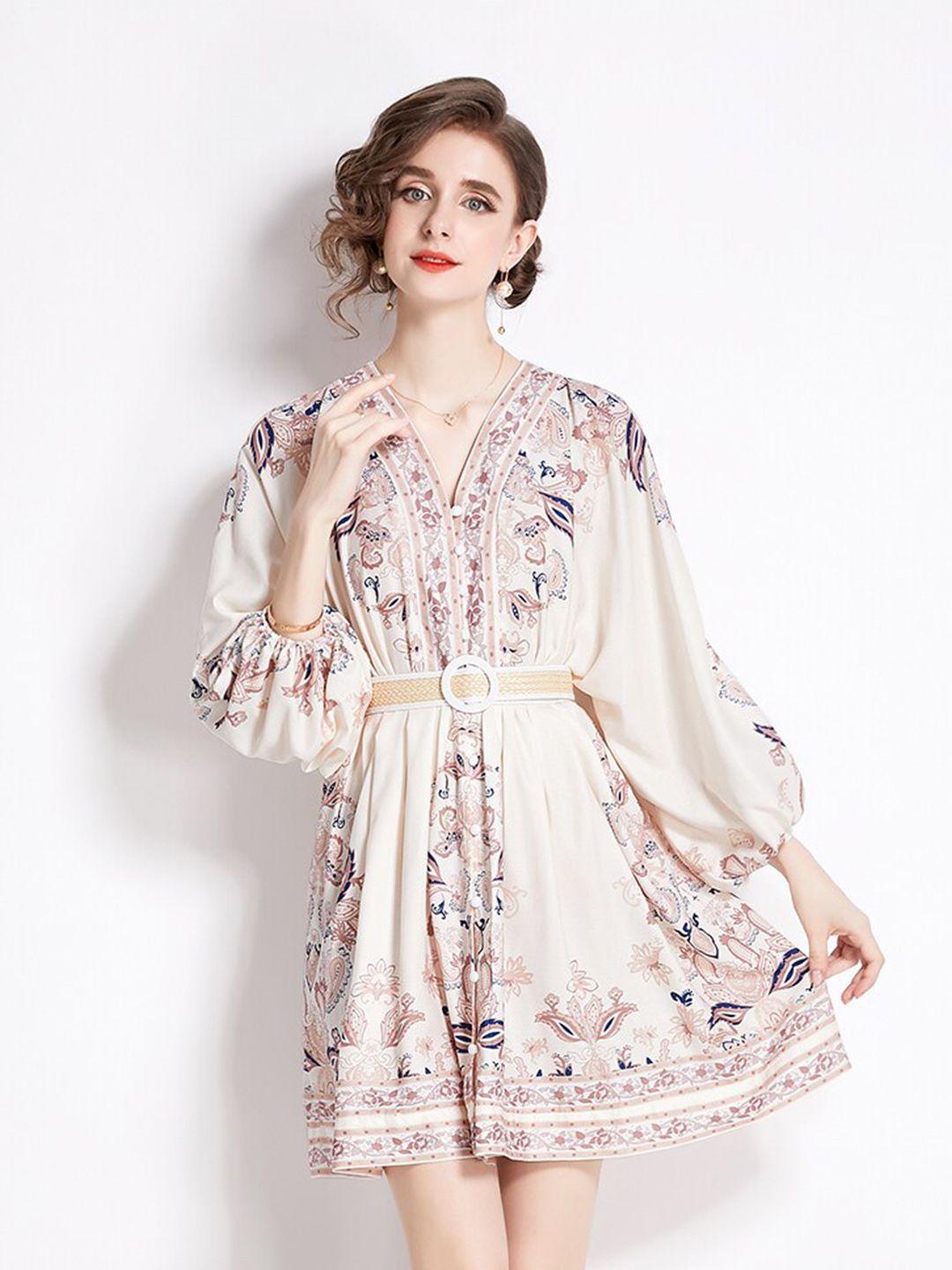 jc collection ethnic motifs printed v-neck puff sleeve pleated fit & flare dress