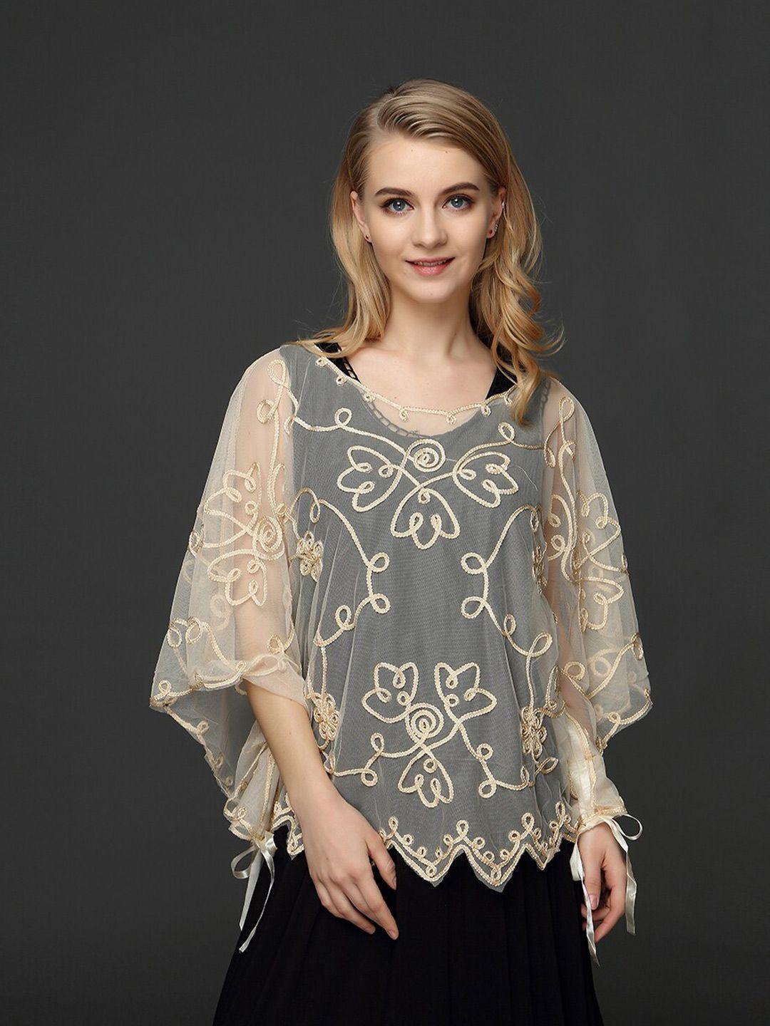 jc collection flared sleeve floral embroidered sheer net top