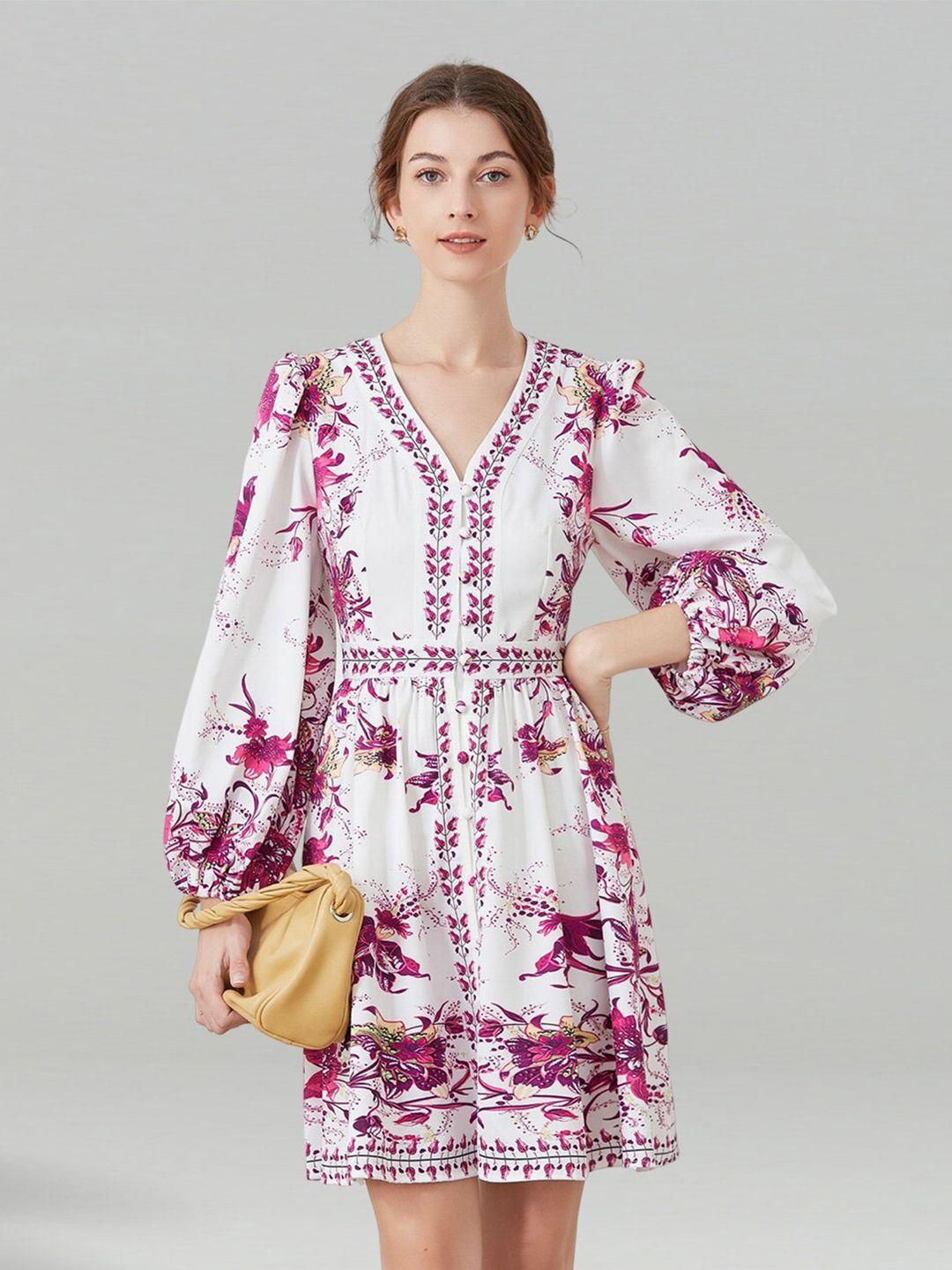 jc collection floral printed v-neck puffed sleeves a-line dress