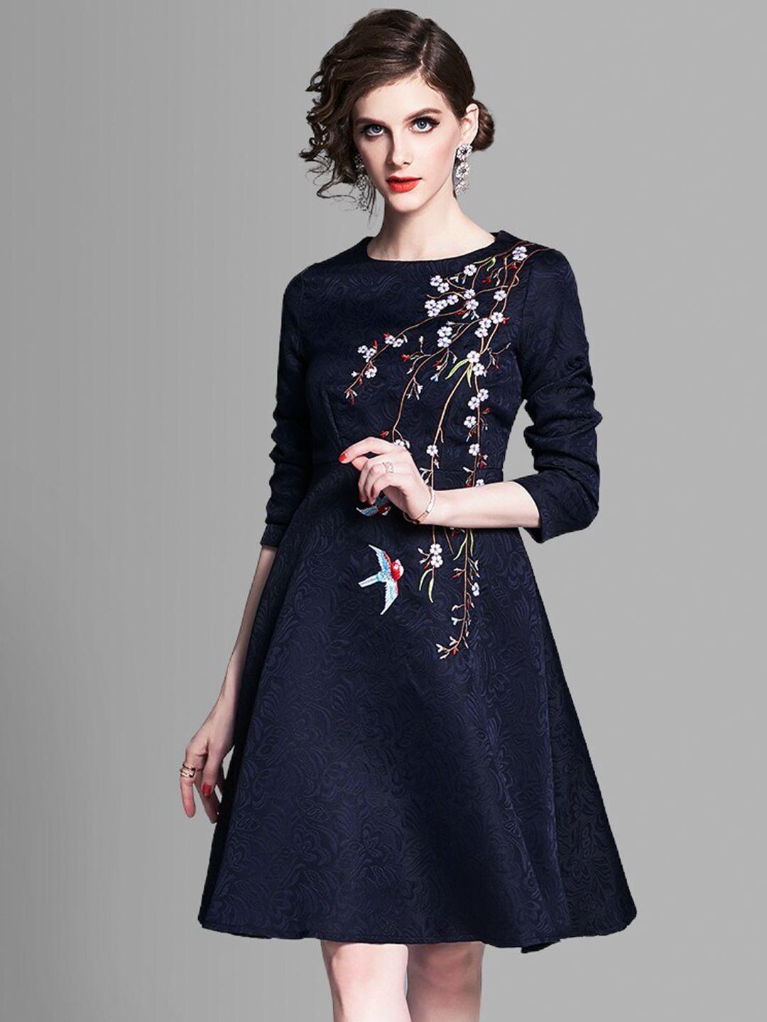 jc collection navy blue floral embroidered a-line dress
