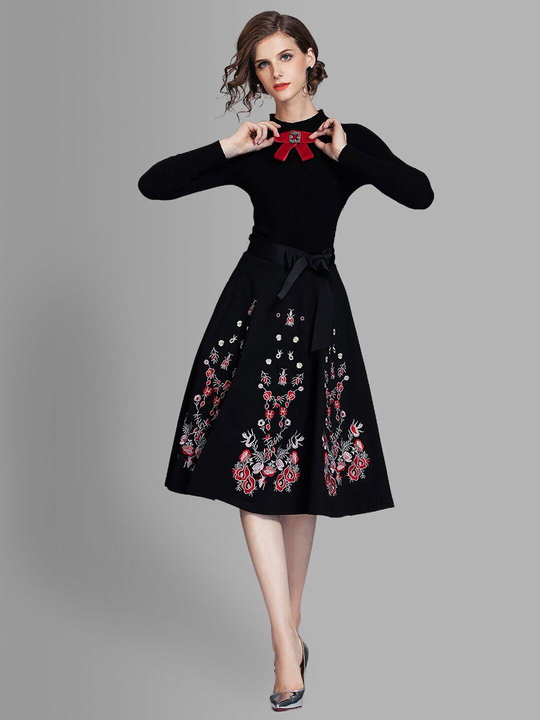 jc-collection-women-black-&-red-floral-embroidered-tie-up-neck-dress