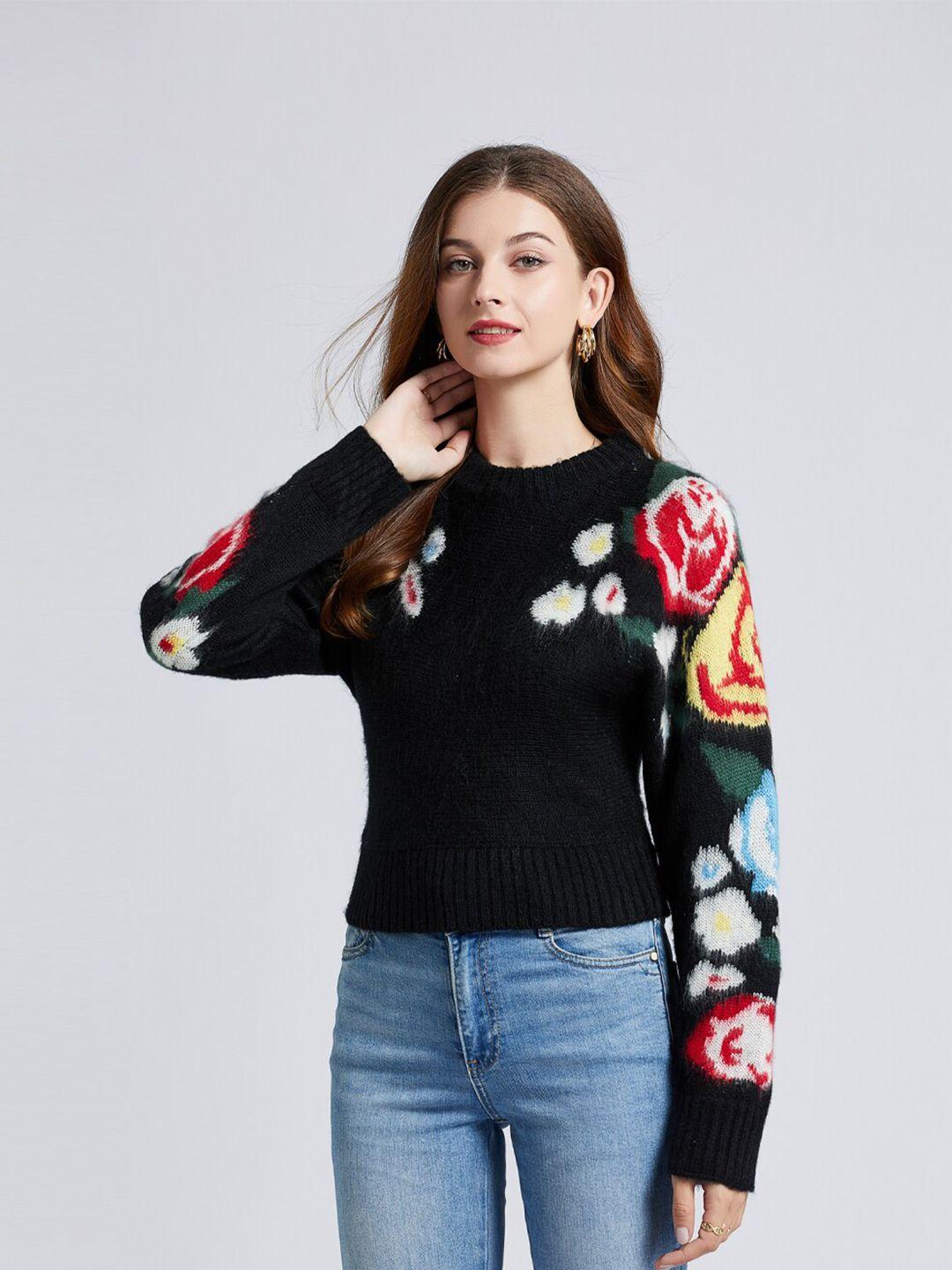 jc collection women black & red floral printed crop pullover