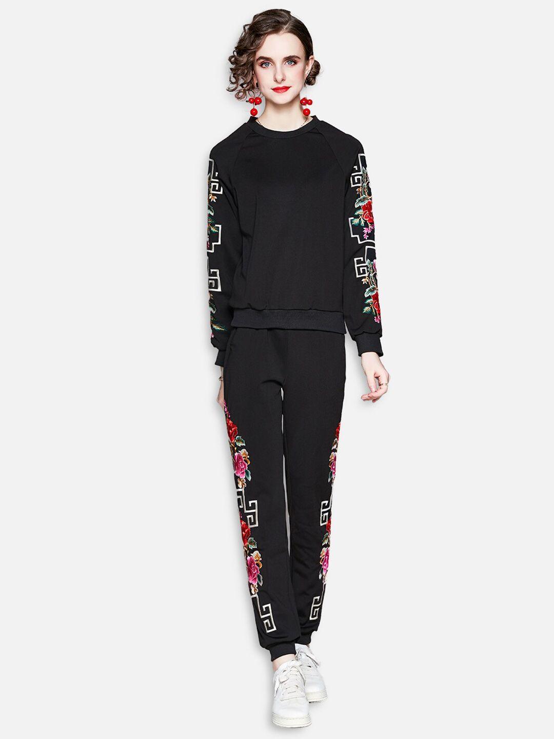 jc collection women black floral embroidered sweatshirt with joggers