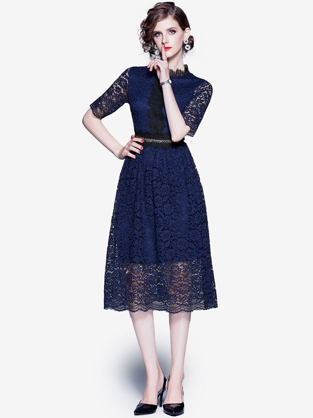 jc collection women blue lace pure cotton fit & flare dress