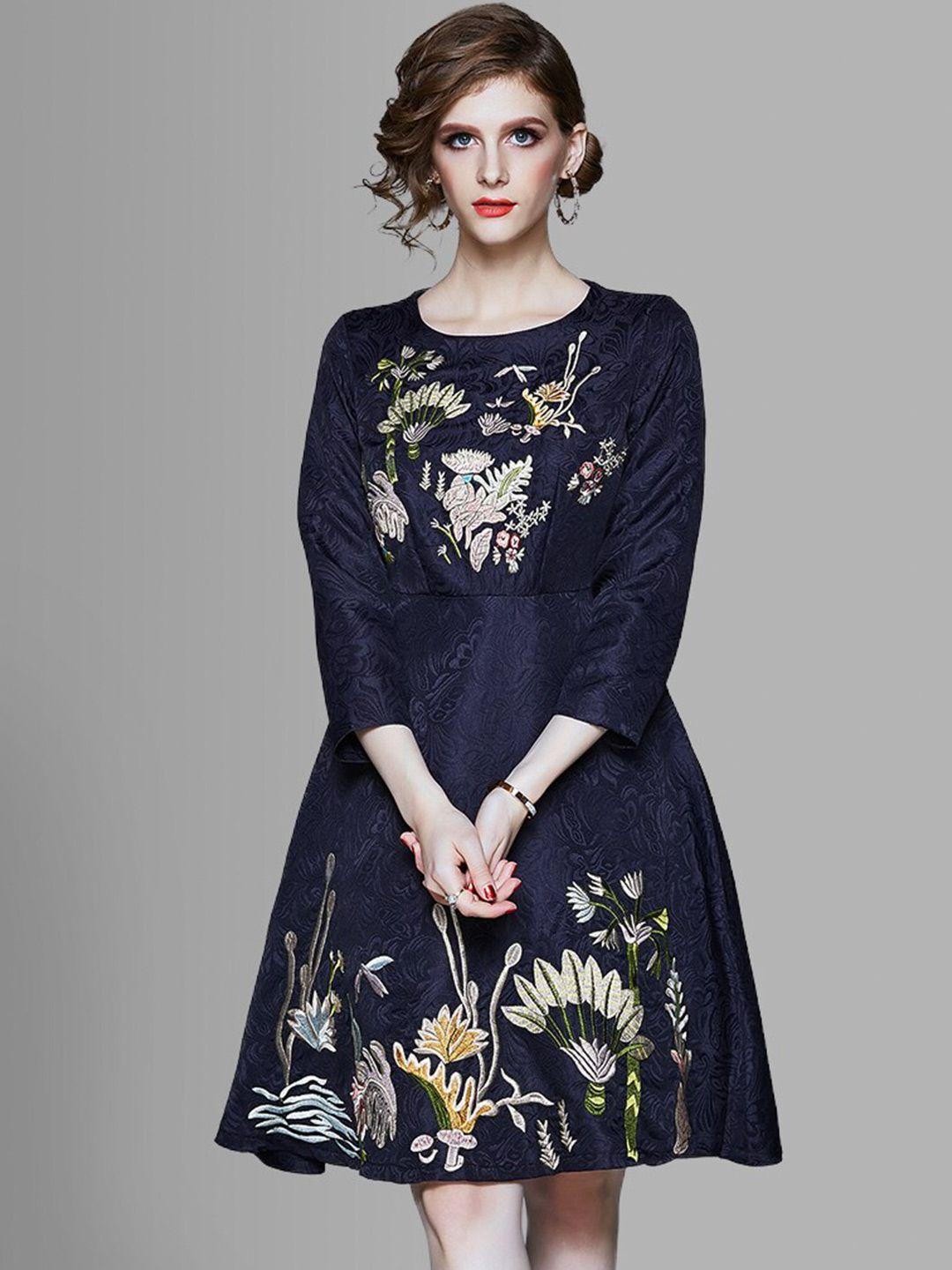 jc collection women navy blue floral embroidered fit & flare dress