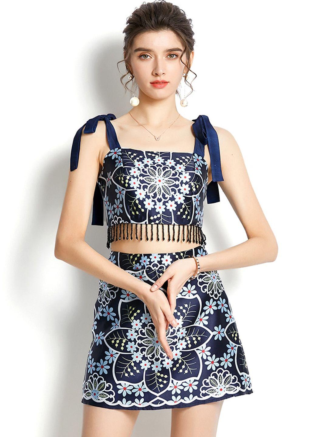 jc collection women navy blue printed top with skirt