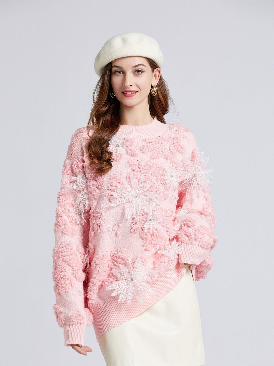 jc collection women pink & white floral longline pullover with applique detail