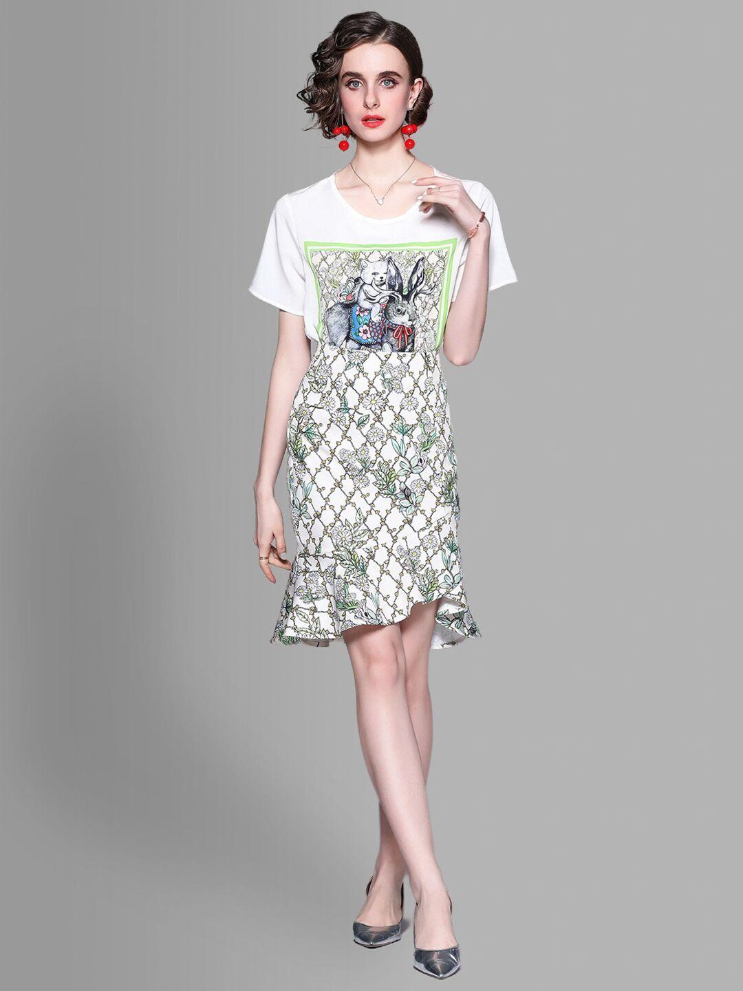 jc collection women white & green printed t-shirt with skirt co-ords set