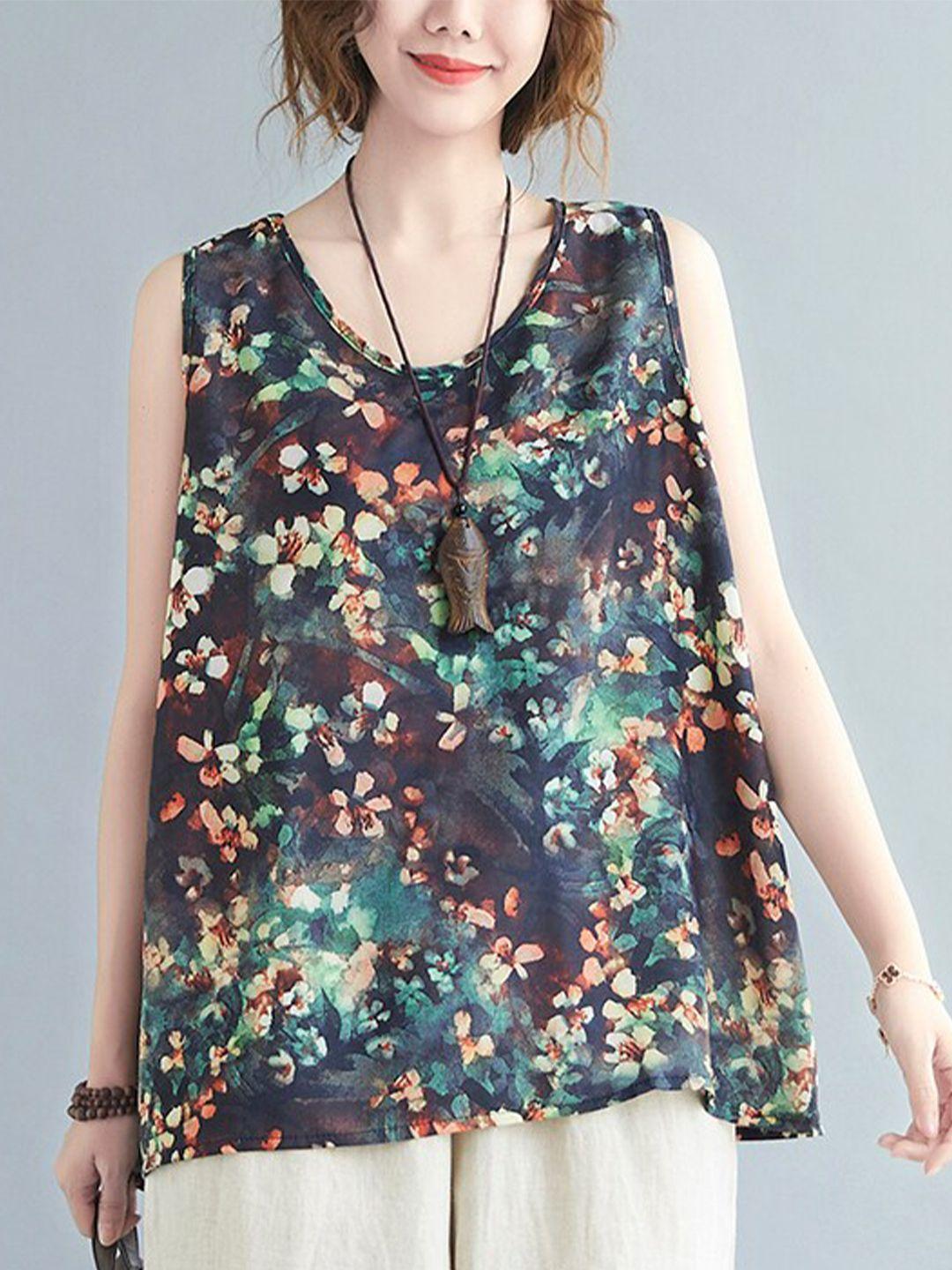 jc mode floral printed round neck sleeveless a-line top
