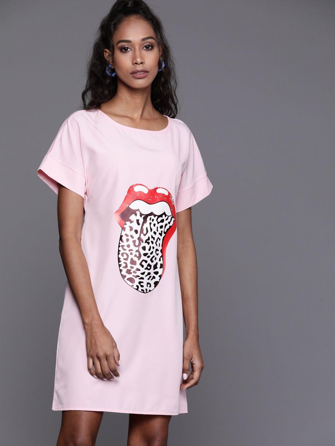 jc mode pink & white rolling stones print t-shirt dress