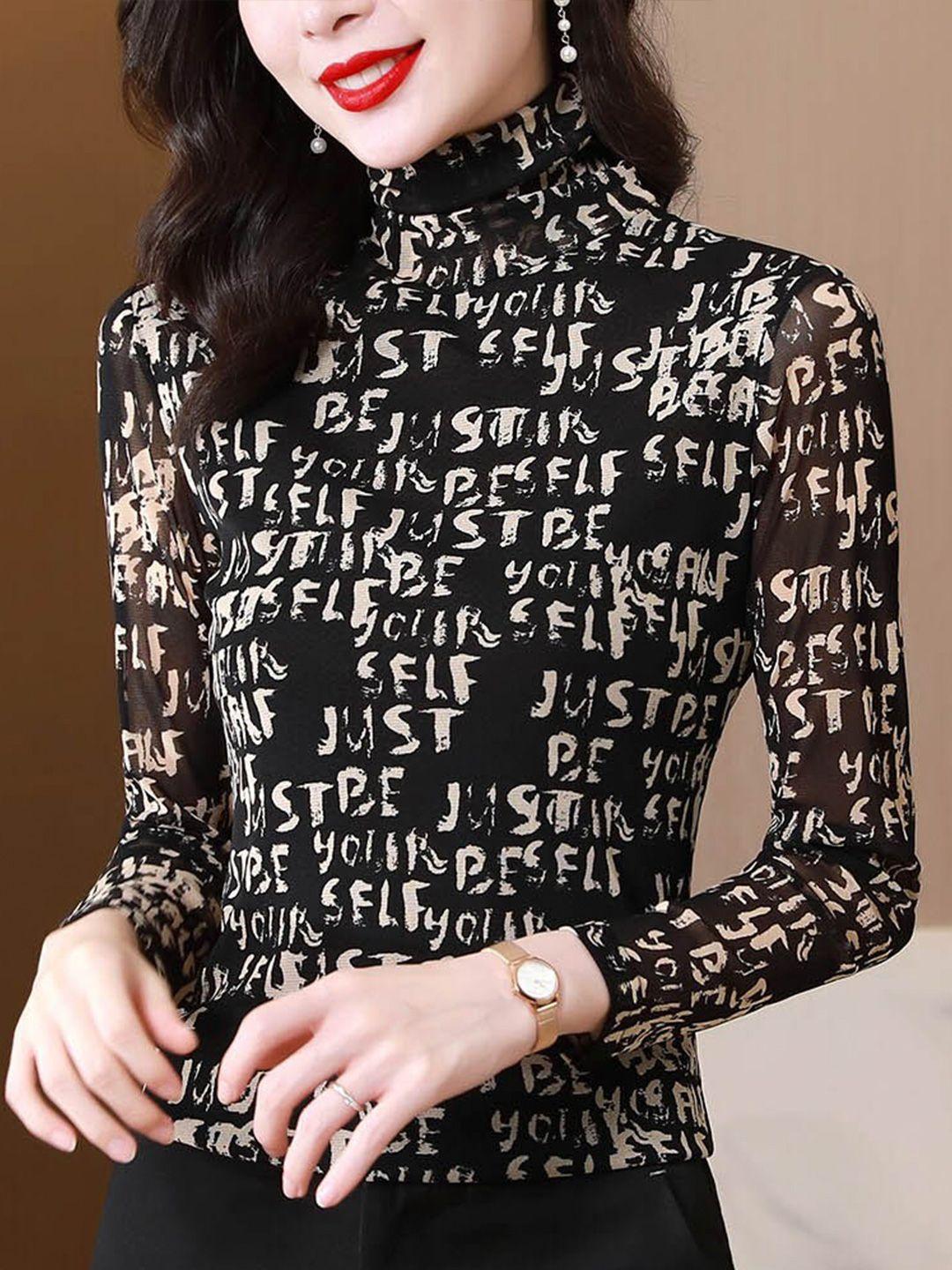 jc mode typography printed high neck fitted top