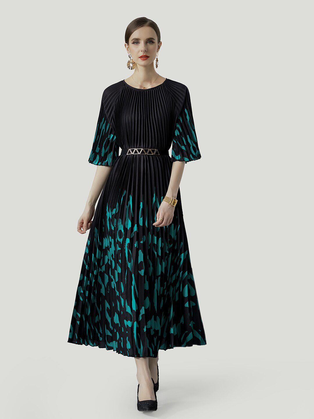 jc collection abstract printed flared sleeve round neck pleated fit & flare midi dress