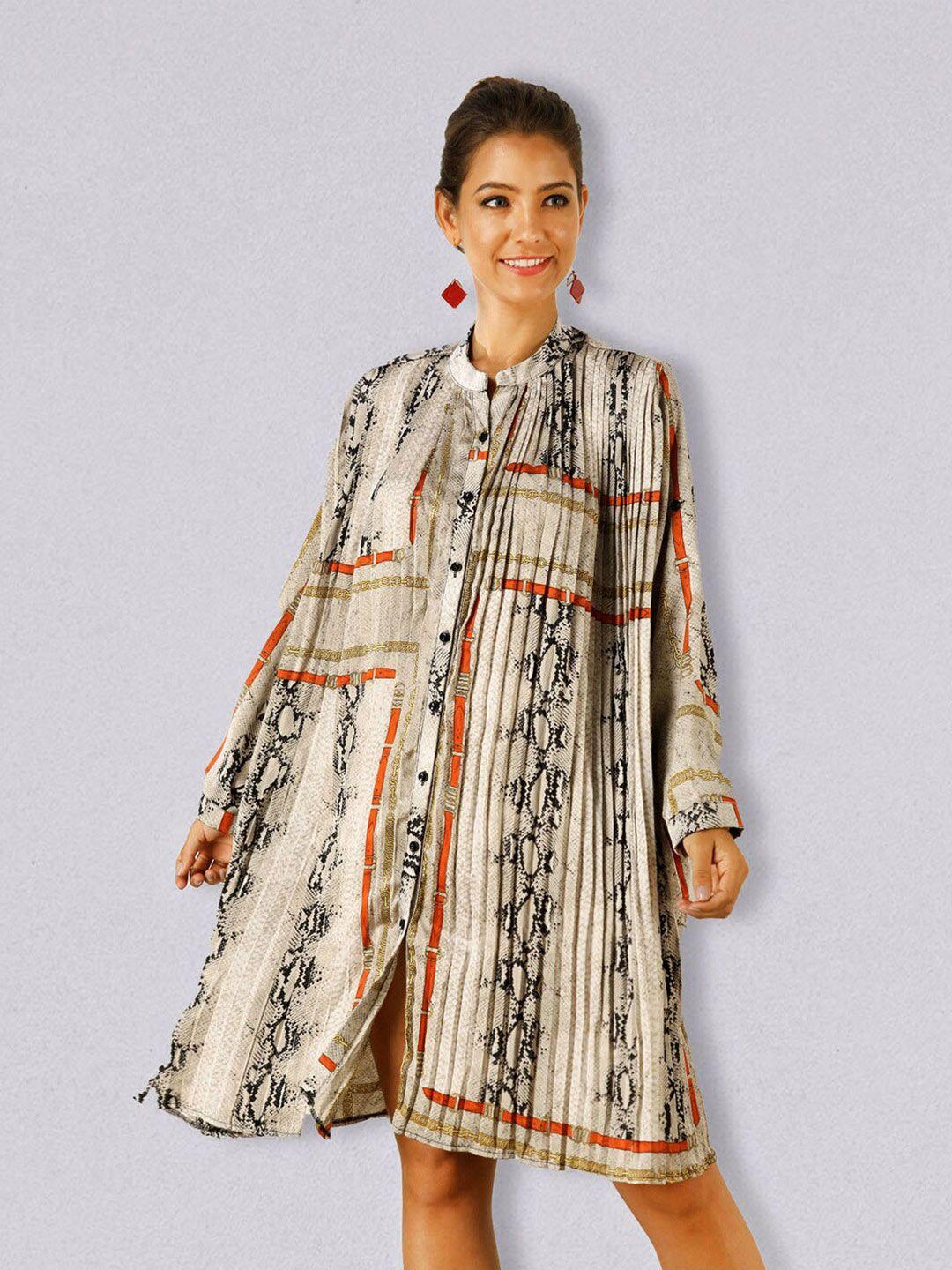 jc collection abstract printed mandarin collar pleated shirt dress