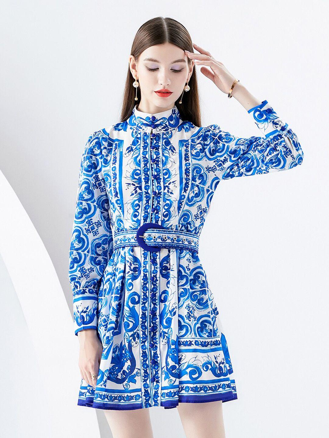 jc collection abstract printed mock neck cuffed sleeves fit and flare mini dress