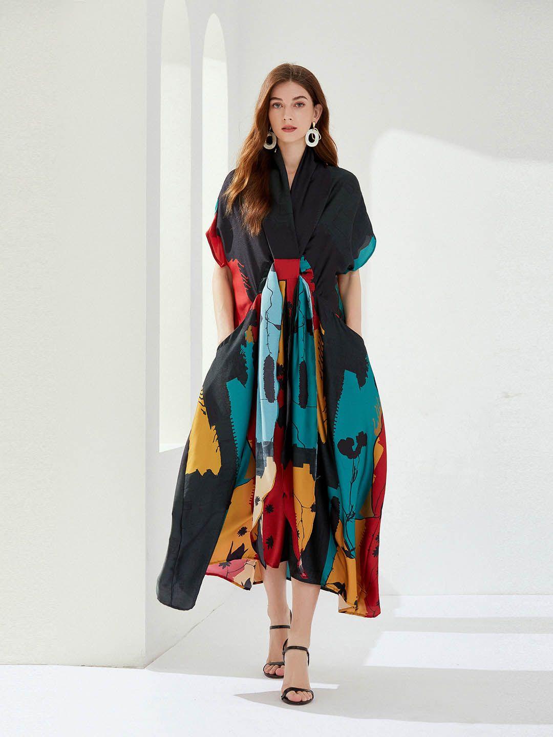 jc collection abstract printed v-neck extended sleeves shirt midi dress