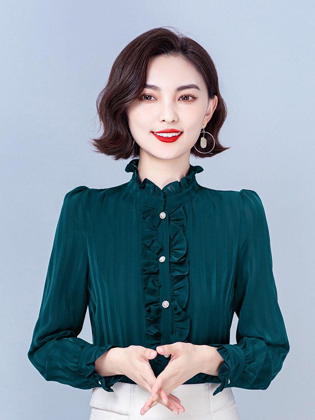 jc collection band collar long sleeves ruffles shirt