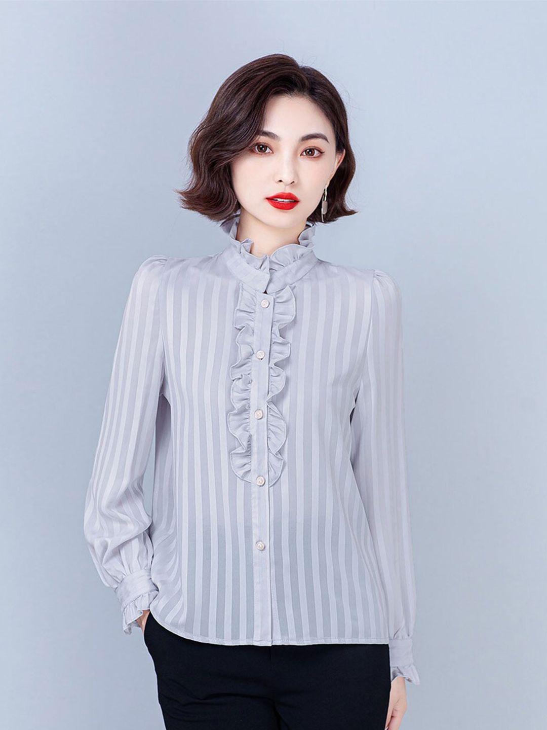 jc collection band collar long sleeves ruffles shirt