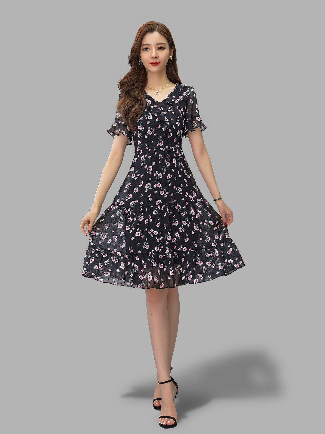 jc collection black & pink floral fit & flare dress
