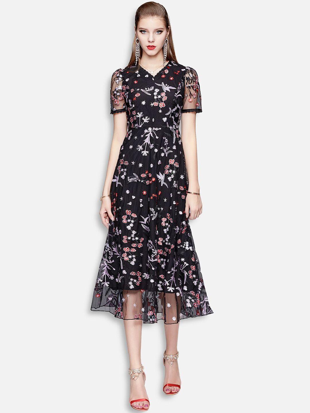 jc collection black floral a-line dress