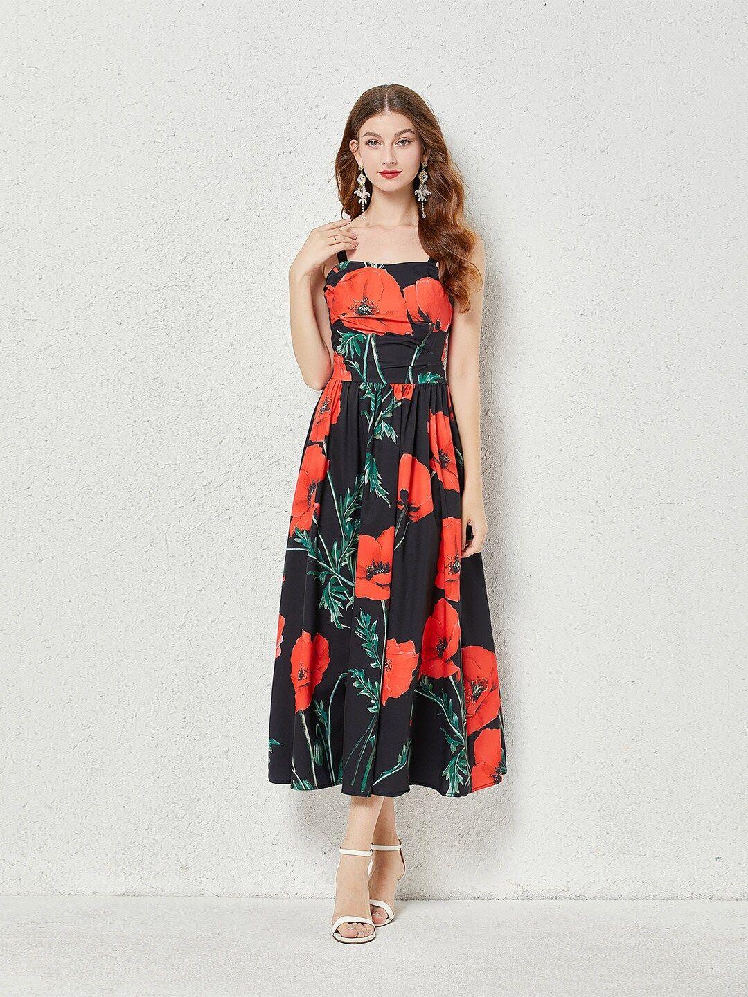 jc collection black floral print fit & flare midi dress