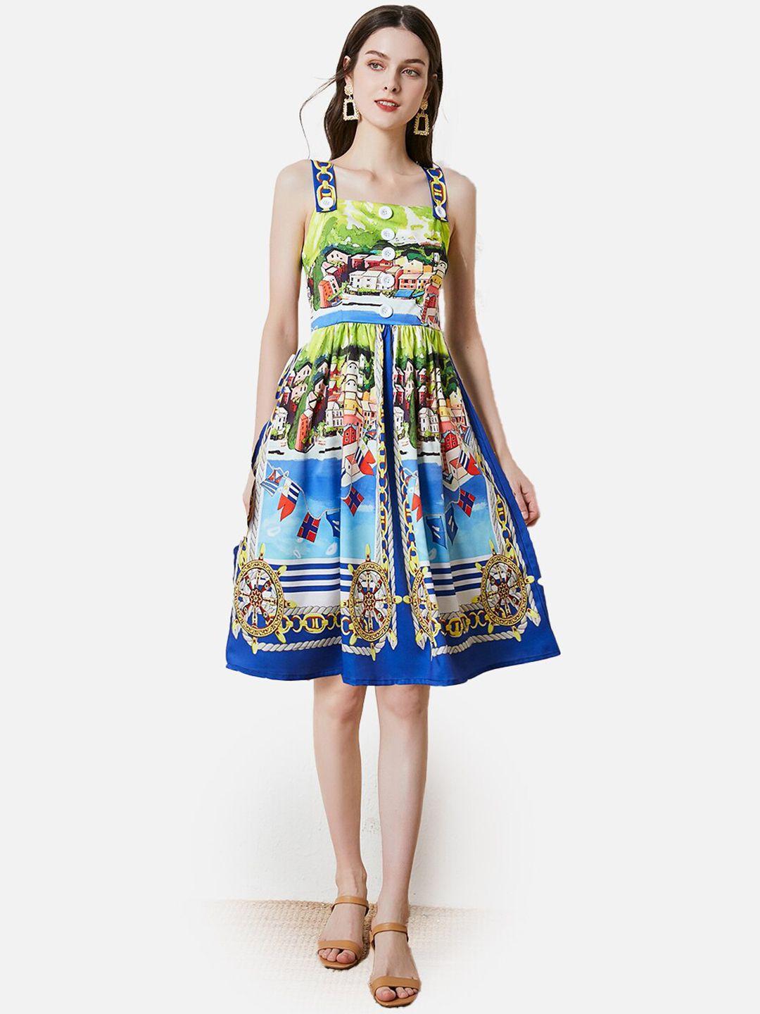 jc collection blue & green printed fit & flare dress