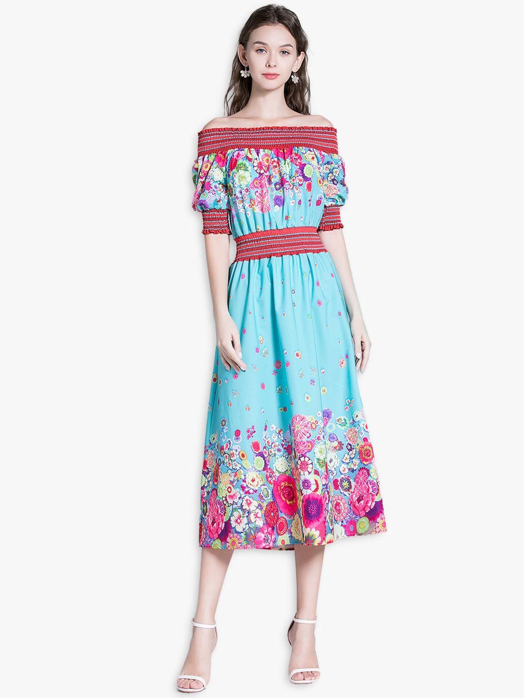 jc collection blue & red floral off-shoulder midi dress