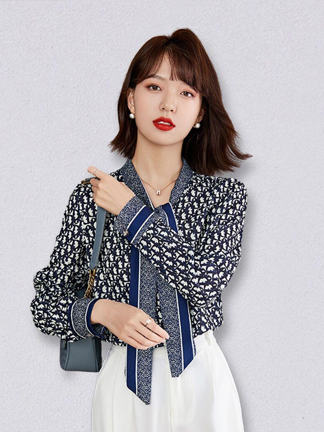jc collection blue & white print tie-up neck top
