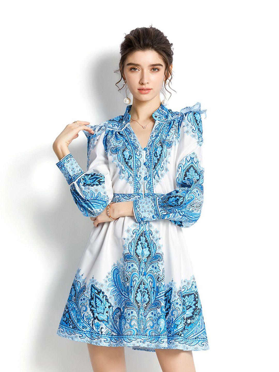 jc collection blue & white printed fit and flare dress